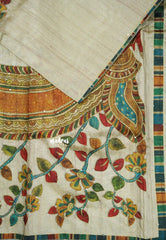 Beige - Roopa - Tussar silk with kalamkari prints hand stitched embroidery