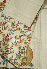 Beige - Roopa - Tussar silk with kalamkari prints hand stitched embroidery
