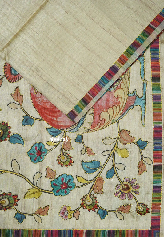 Beige - Roopa - Tussar silk with kalamkari prints hand stitched embroidery