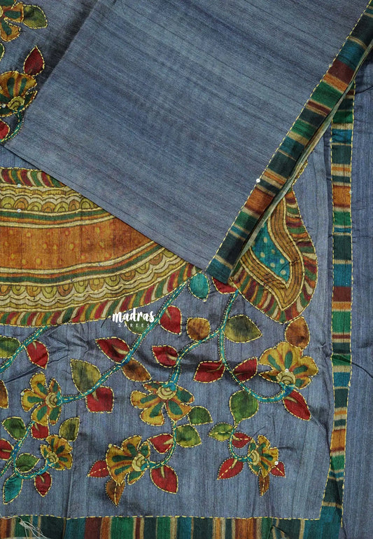 Greyish Blue - Roopa - Tussar silk with kalamkari prints hand stitched embroidery