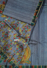 Greyish Blue - Roopa - Tussar silk with kalamkari prints hand stitched embroidery