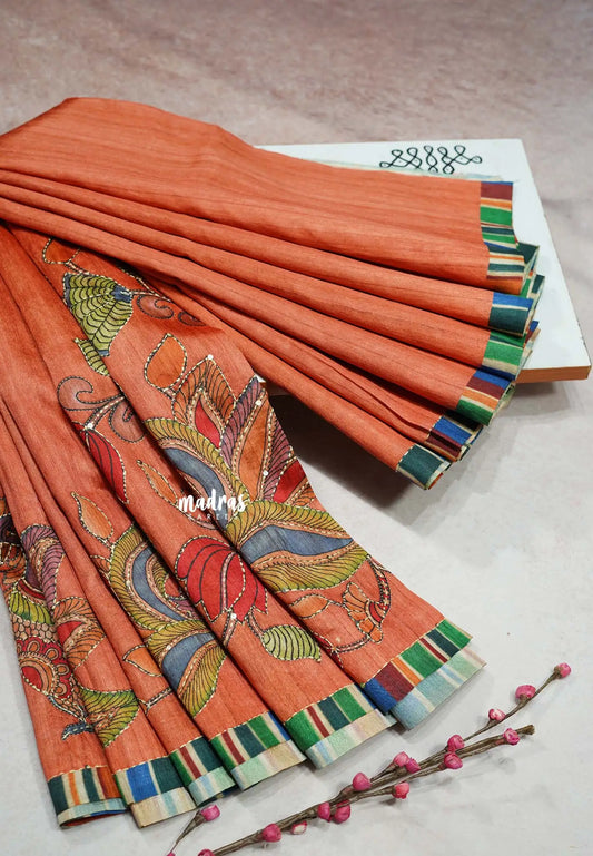 Orange - Roopa - Tussar silk with kalamkari prints hand stitched embroidery