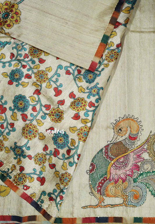 Beige - Roopa - Tussar silk with kalamkari prints hand stitched embroidery