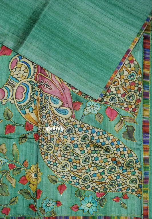 Green - Roopa - Tussar silk with kalamkari prints hand stitched embroidery