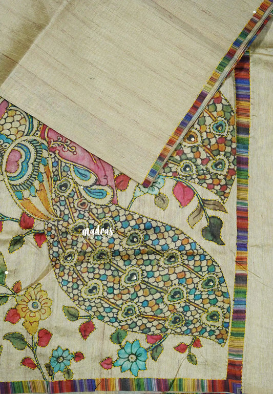 Beige - Roopa - Tussar silk with kalamkari prints hand stitched embroidery