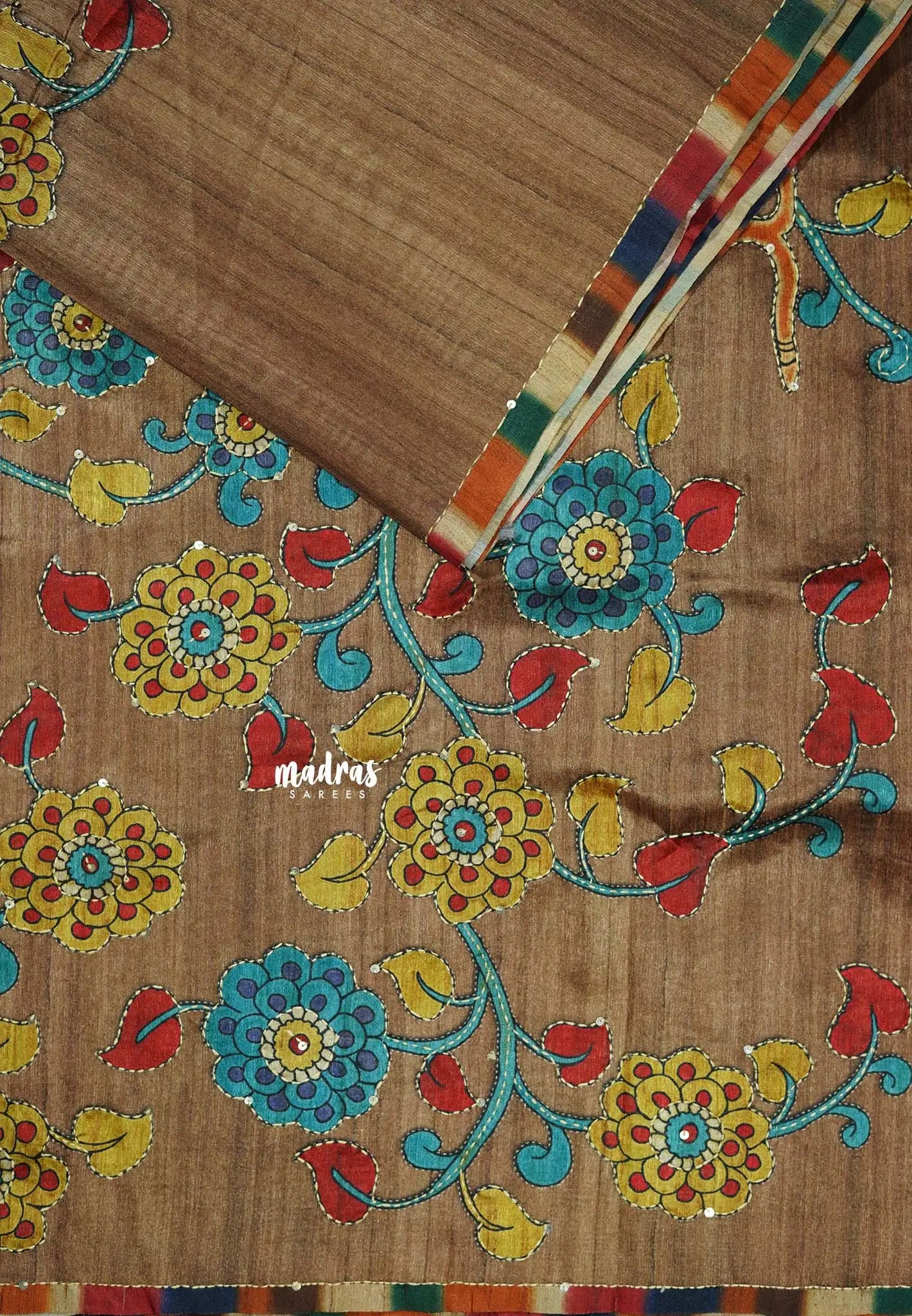 Honeyed Almond - Roopa - Tussar silk with kalamkari prints hand stitched embroidery