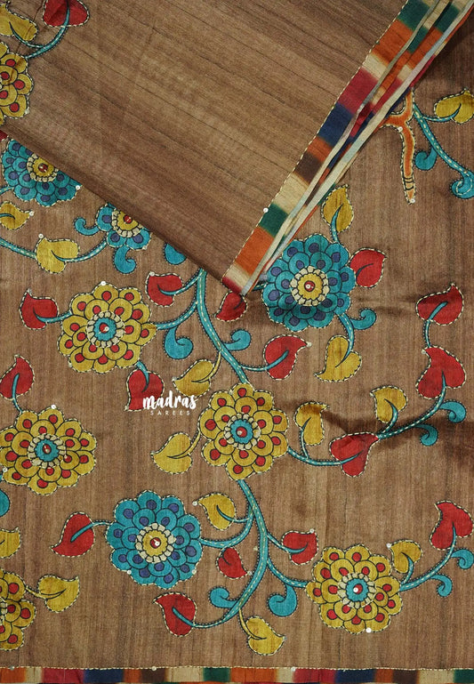 Honeyed Almond - Roopa - Tussar silk with kalamkari prints hand stitched embroidery