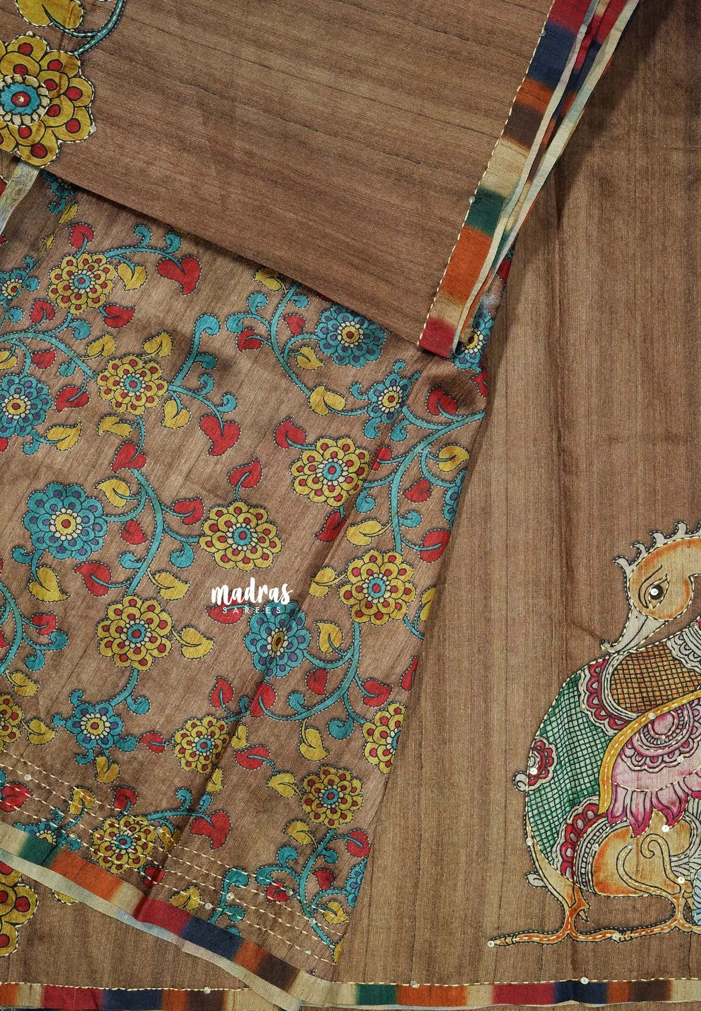 Honeyed Almond - Roopa - Tussar silk with kalamkari prints hand stitched embroidery