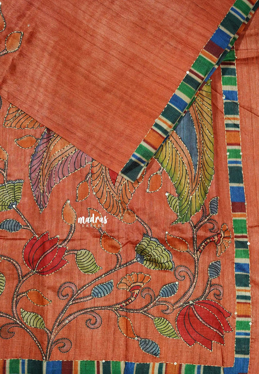 Orange - Roopa - Tussar silk with kalamkari prints hand stitched embroidery
