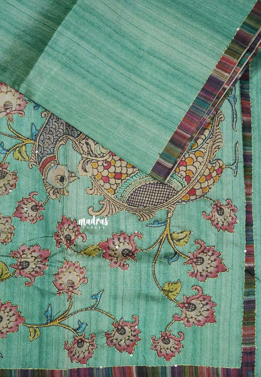 Pista Green - Roopa - Tussar silk with kalamkari prints hand stitched embroidery