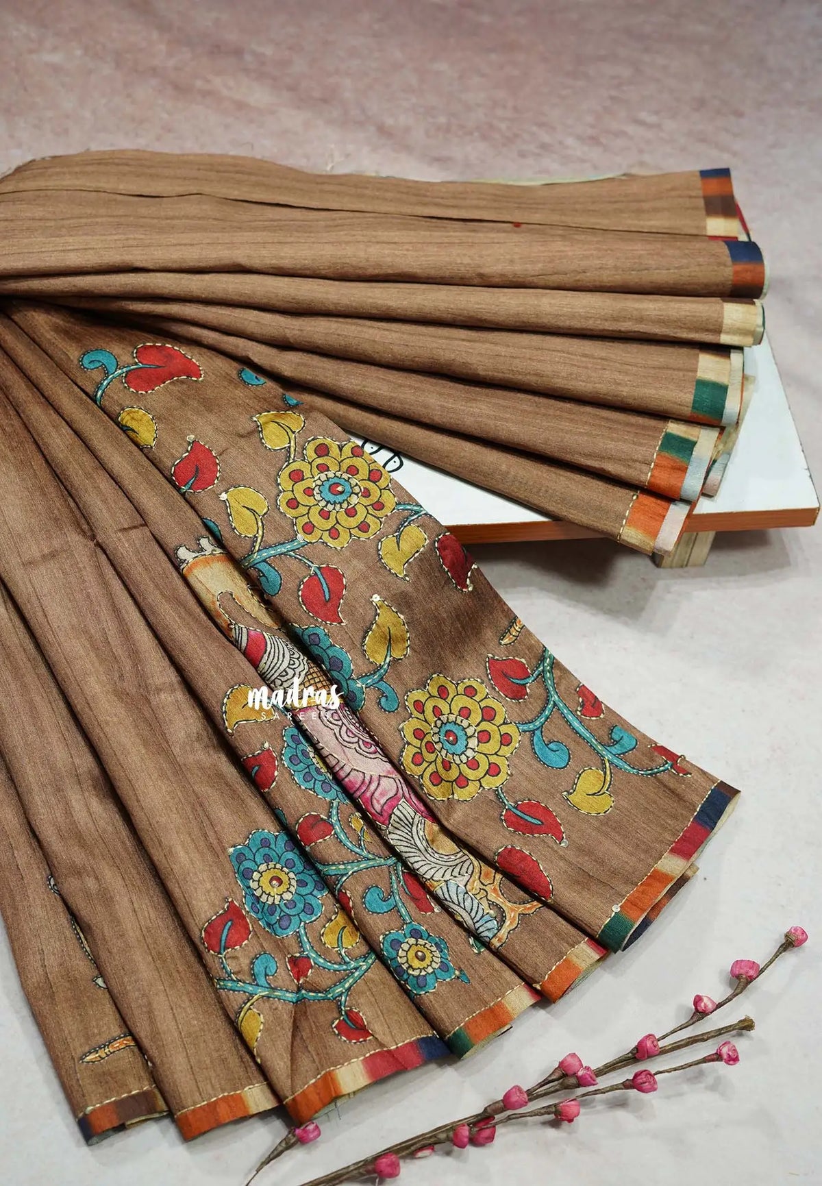 Honeyed Almond - Roopa - Tussar silk with kalamkari prints hand stitched embroidery