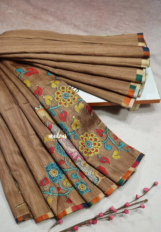 Honeyed Almond - Roopa - Tussar silk with kalamkari prints hand stitched embroidery