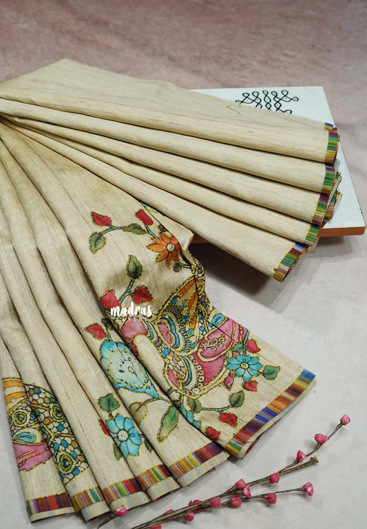 Beige - Roopa - Tussar silk with kalamkari prints hand stitched embroidery
