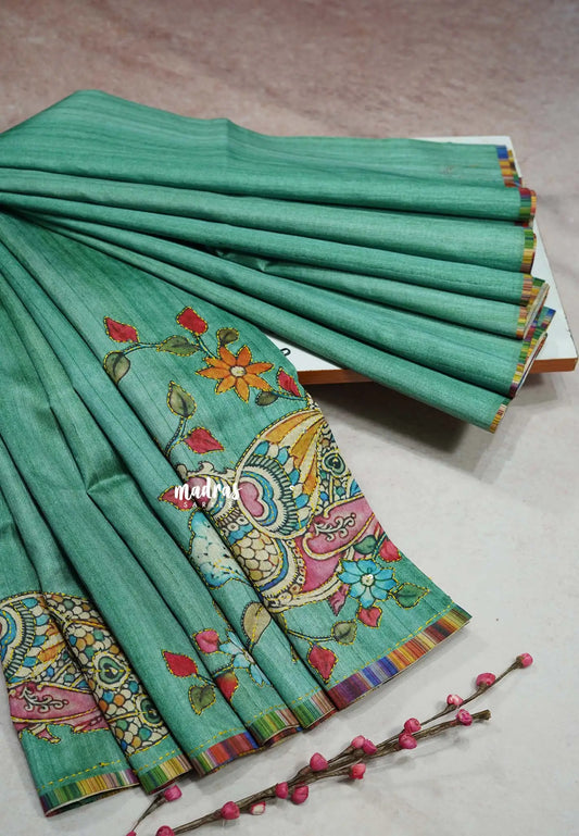 Green - Roopa - Tussar silk with kalamkari prints hand stitched embroidery