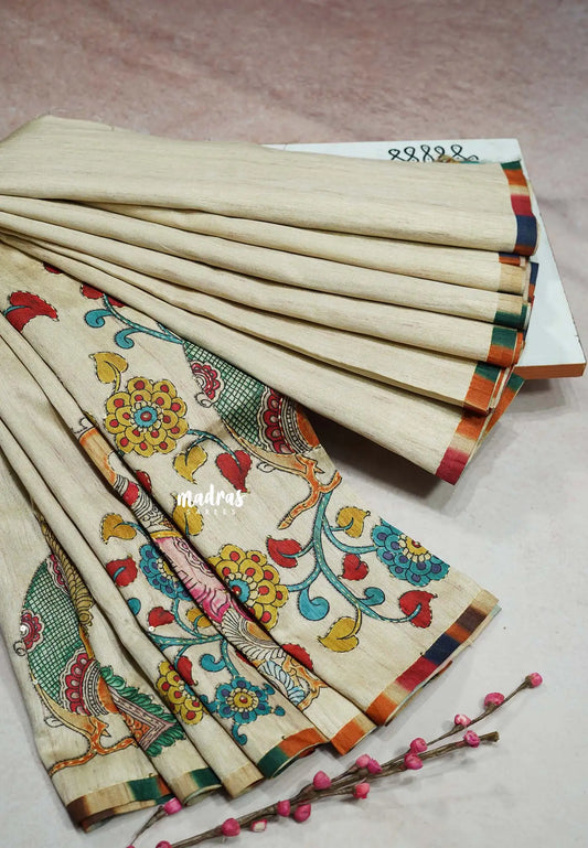 Beige - Roopa - Tussar silk with kalamkari prints hand stitched embroidery