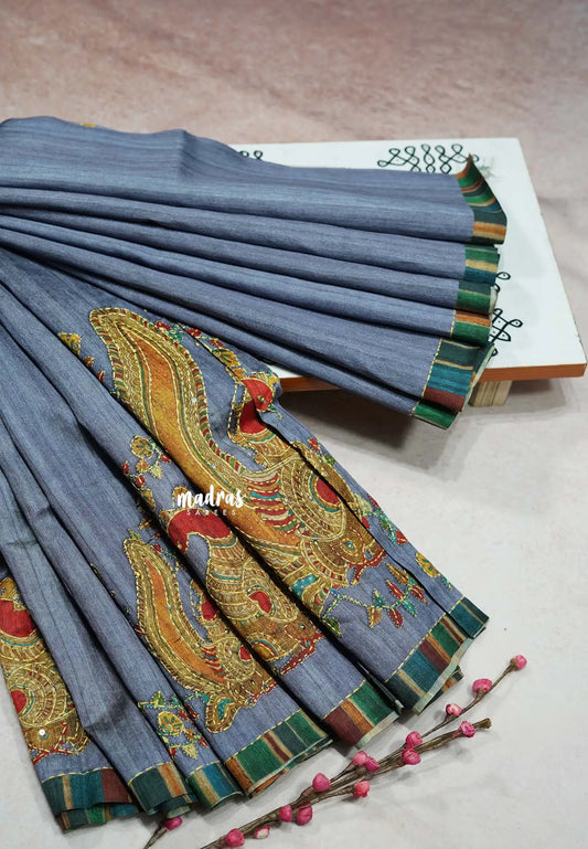 Greyish Blue - Roopa - Tussar silk with kalamkari prints hand stitched embroidery