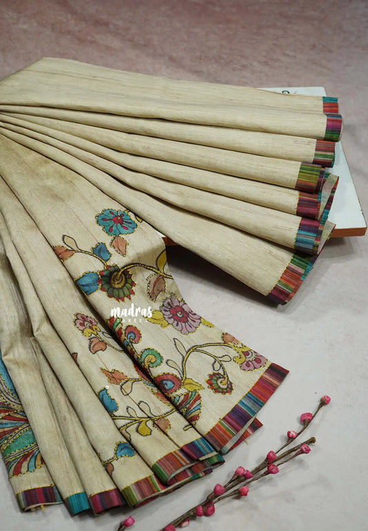 Beige - Roopa - Tussar silk with kalamkari prints hand stitched embroidery