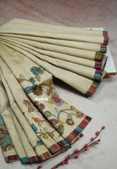Beige - Roopa - Tussar silk with kalamkari prints hand stitched embroidery