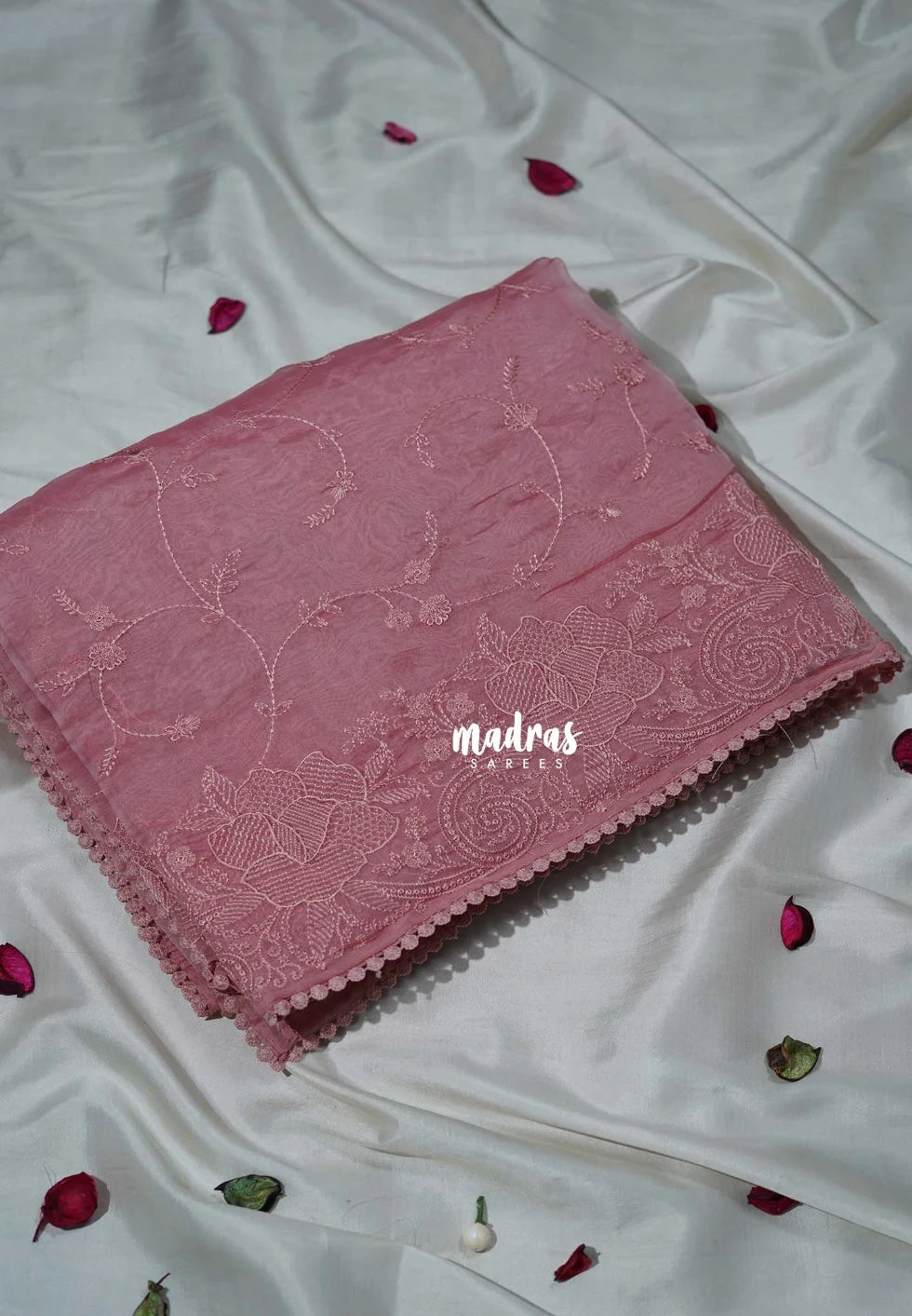 Muted Pink - Roshini - Pure Tissue Organza Silk Floral Weaving Embroidery with Lace - Best for Evening Functions | Diwali Festive