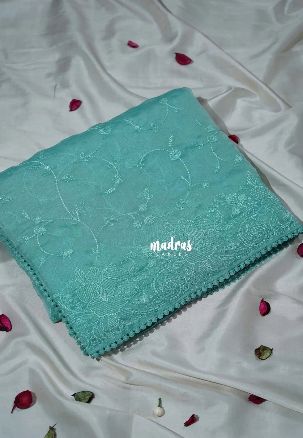 Soft Bluish Green - Roshini - Pure Tissue Organza Silk Floral Weaving Embroidery with Lace - Best for Evening Functions | Diwali Festive