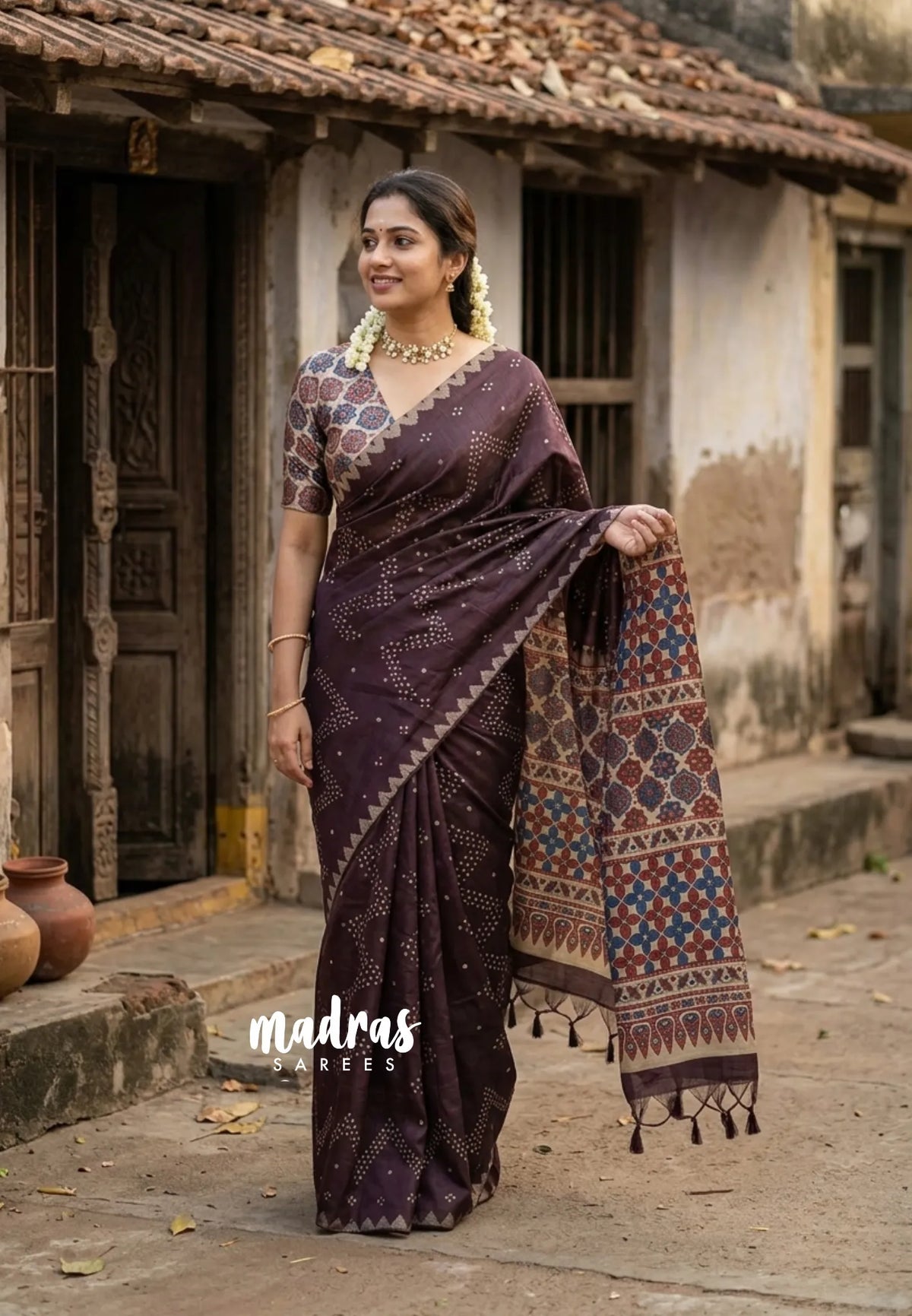 Dark chocolate Brown - Rukmani - Premium Tussar Silk with Full Weaving Ajrakh Pallu and Blouse - Perfect for Office Wear