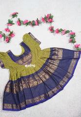 Olive Green with Blue - Saaral - Karthigai Silk Cotton Muthu Kattam with Rudraksham Border for Kids