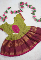Olive Green with Pink - Saaral - Karthigai Silk Cotton Muthu Kattam with Rudraksham Border for Kids