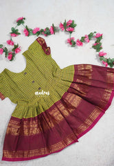 Olive Green with Pink - Saaral - Karthigai Silk Cotton Muthu Kattam with Rudraksham Border for Kids