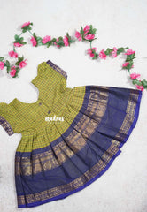 Olive Green with Blue - Saaral - Karthigai Silk Cotton Muthu Kattam with Rudraksham Border for Kids