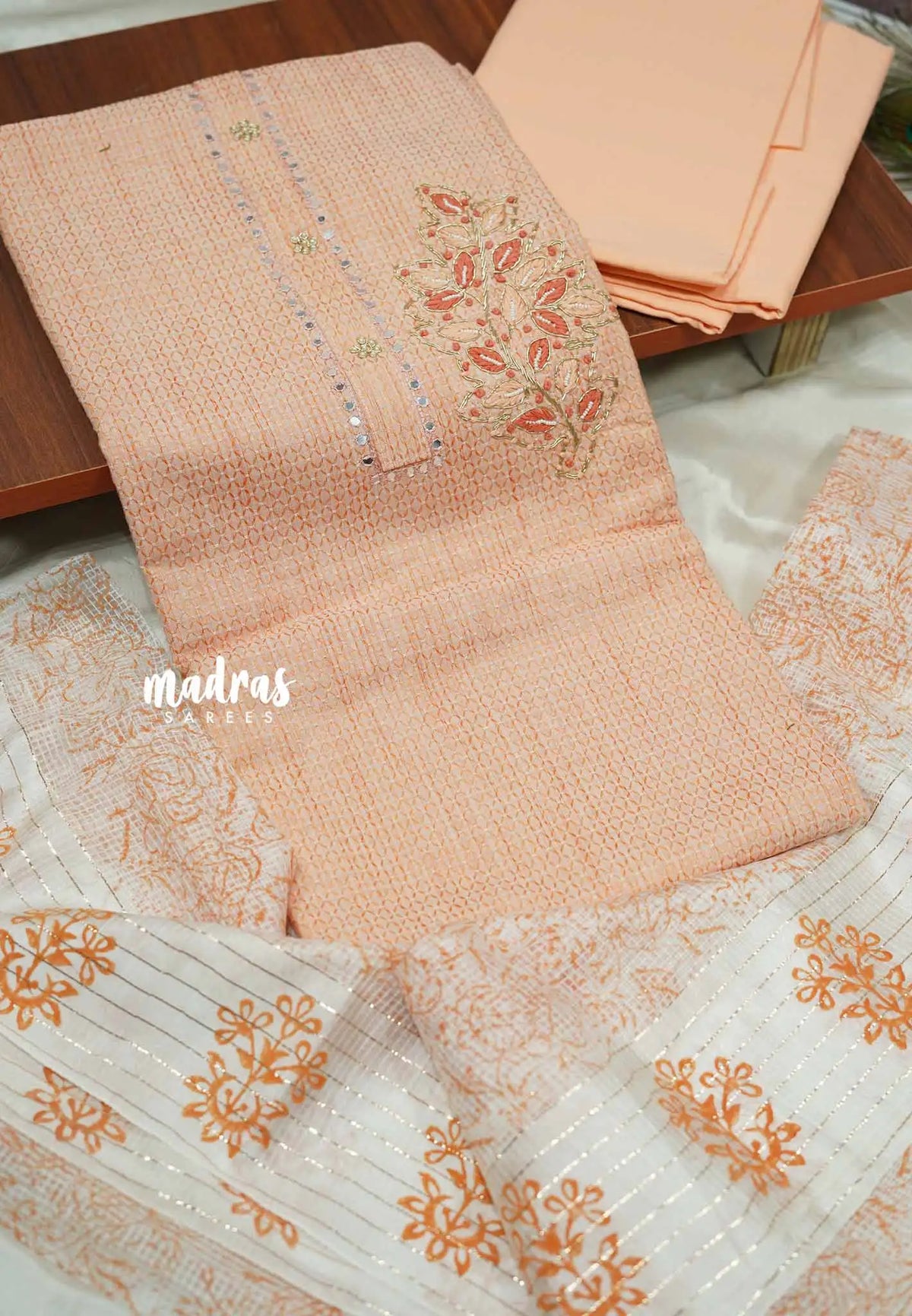 Peach Orange - Embroidered Salwar Suit Material - Top, Bottom and Dupatta - Best for Office Wear