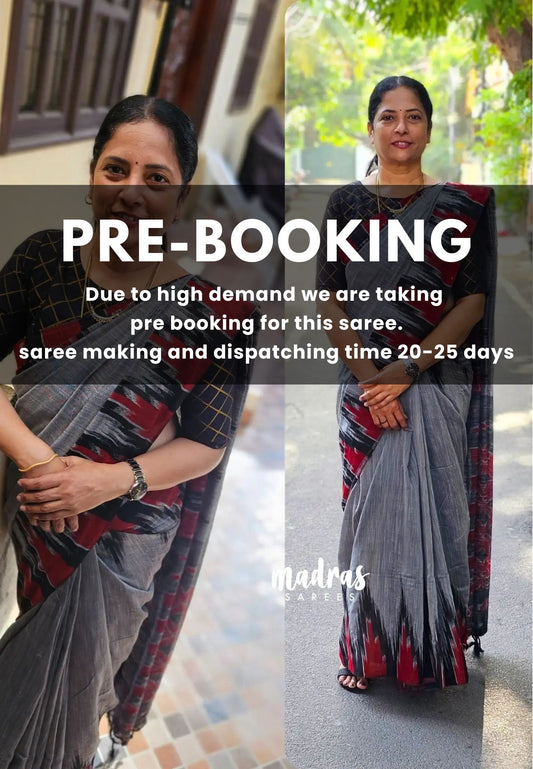 (PRE-BOOKING)  Grey - Nandhitha sambalpuri ikkat khadi Actress Revathi mam saree