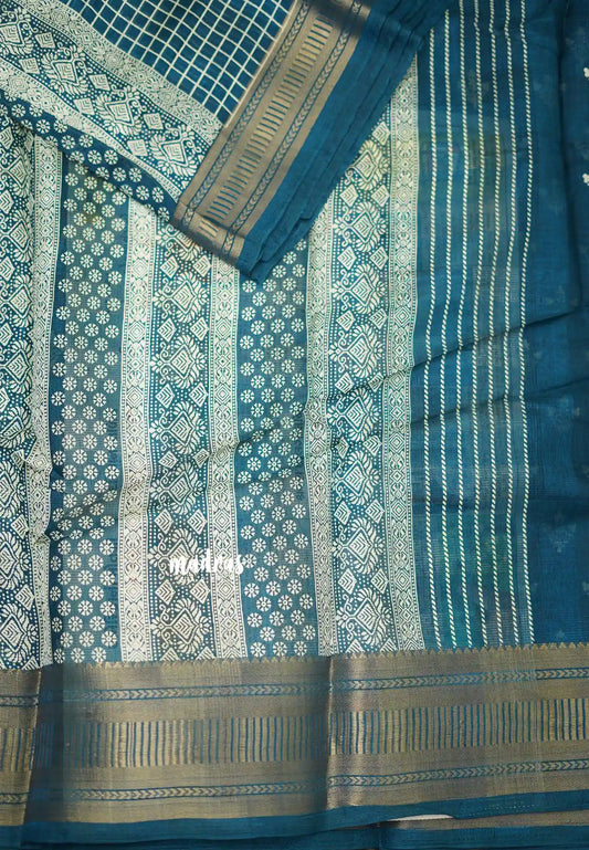 Saraswathi Printed silk peacock blue kattam