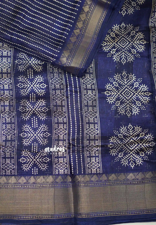 Saraswathi Printed silk Deep blue stripes