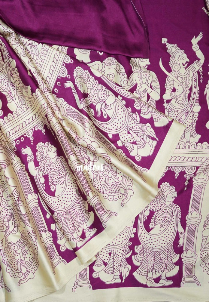 Creamy Ivory with Magenta Purple - Semi Modal Silk Sarees Partly Pallu with Kalahasthi Prints - Perfect for Casual Wear