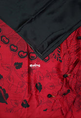 Cherry Red with Black - Semi Modal Silk Sarees Partly Pallu with Kalahasthi Prints - Perfect for Casual Wear