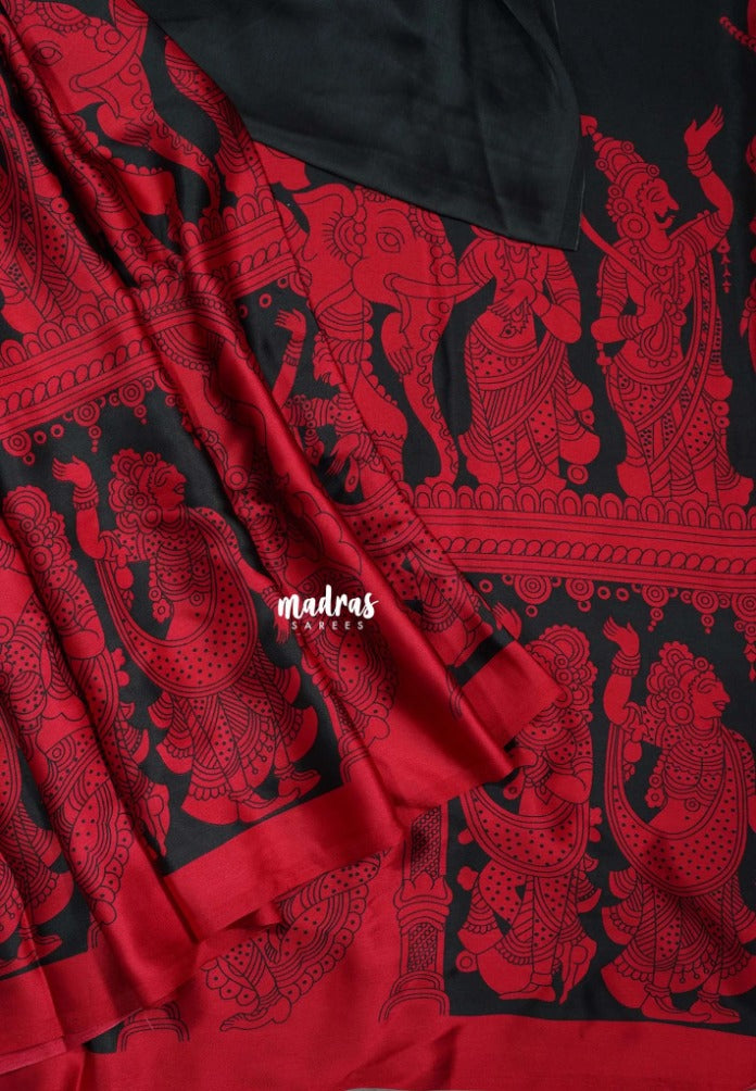 Cherry Red with Black - Semi Modal Silk Sarees Partly Pallu with Kalahasthi Prints - Perfect for Casual Wear