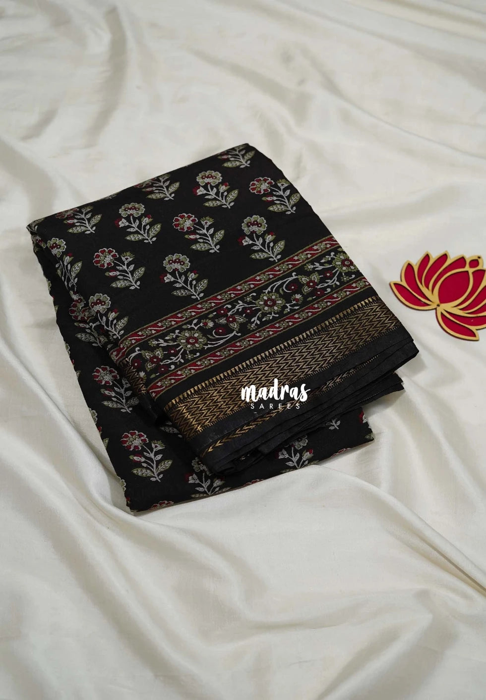Jet Black - Semi Modal Silk with Floral Prints and Small Zari Border - Best for Regular Wear | Casual Wear