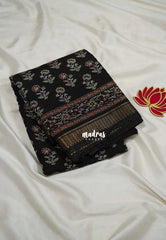 Jet Black - Semi Modal Silk with Floral Prints and Small Zari Border - Best for Regular Wear | Casual Wear
