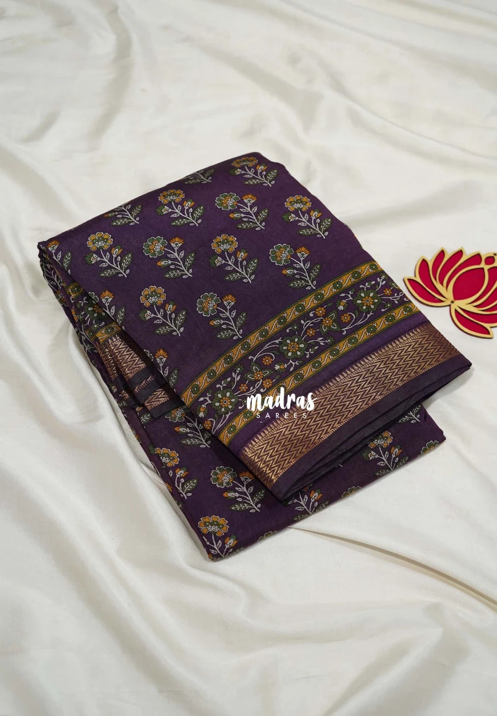 Deep Jamun Purple - Semi Modal Silk with Floral Prints and Small Zari Border - Best for Regular Wear | Casual Wear