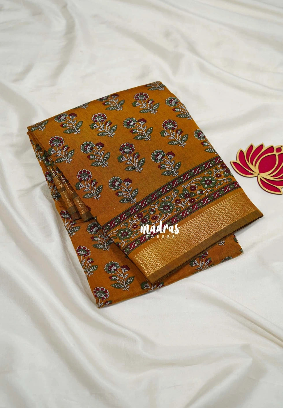 Mustard Yellow - Semi Modal Silk with Floral Prints and Small Zari Border - Best for Regular Wear | Casual Wear