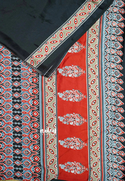 Black - Ajrakh semi Modal silk half and half pattern
