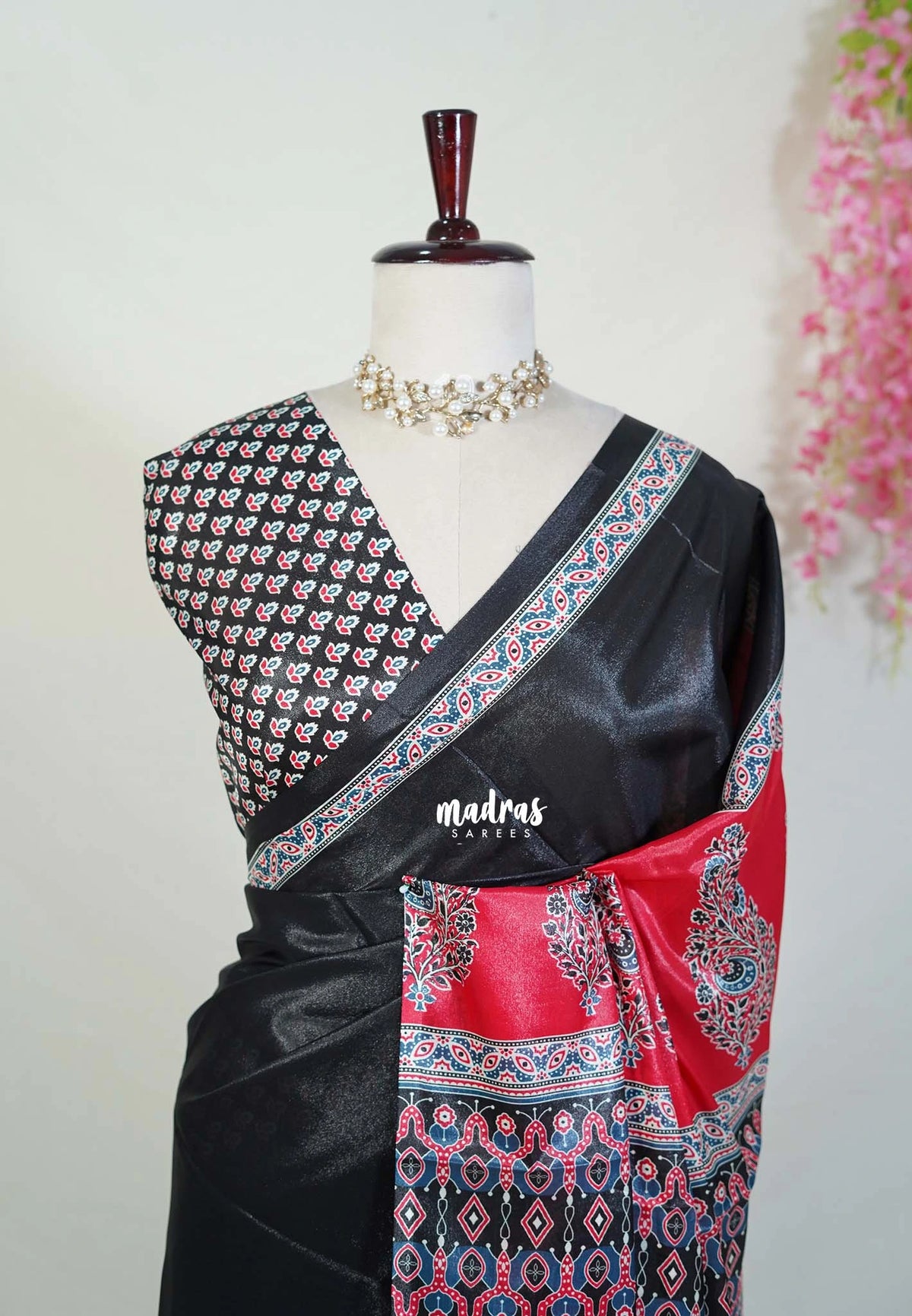 Black with Red - Ajrakh semi Modal Silk Half and Half Pattern - Perfect for Office Wear | Casual Wear