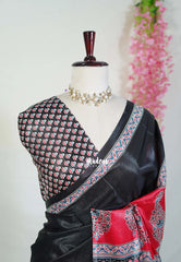 Black with Red - Ajrakh semi Modal Silk Half and Half Pattern - Perfect for Office Wear | Casual Wear