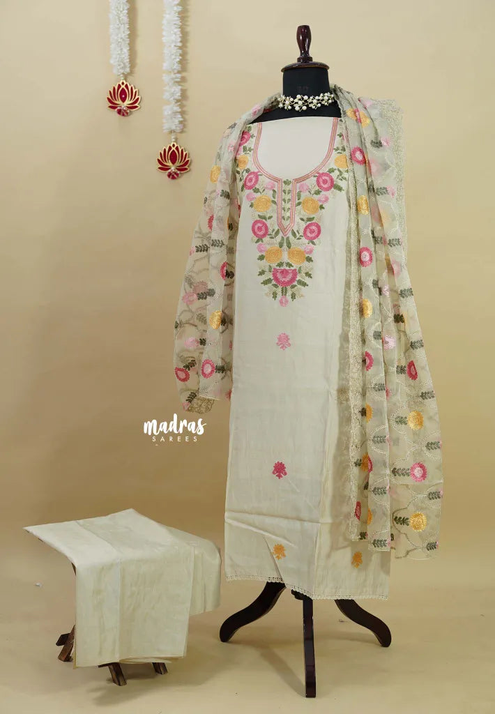 Amitha – Ivory Cream Semi silk salwar set with heavy embroidery yoke and organza dupatta