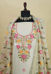 Amitha – Ivory Cream Semi silk salwar set with heavy embroidery yoke and organza dupatta
