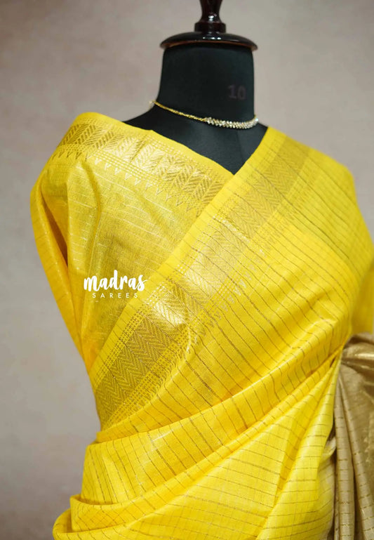 Semi Tussar saree brown and yellow gradient pattern with check body