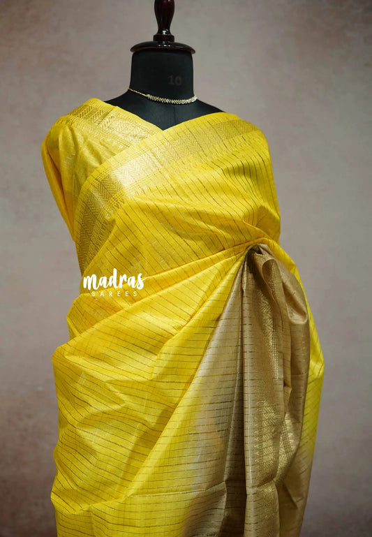 Semi Tussar saree brown and yellow gradient pattern with check body