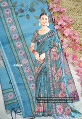 Roopa - Premium Chappa semi tussar floral prints with embroidery outline - Cerulean blue