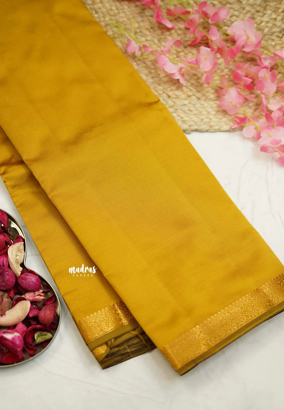 Raaga - Lightweight plain Semi tussar saree wtih small border - Golden yellow