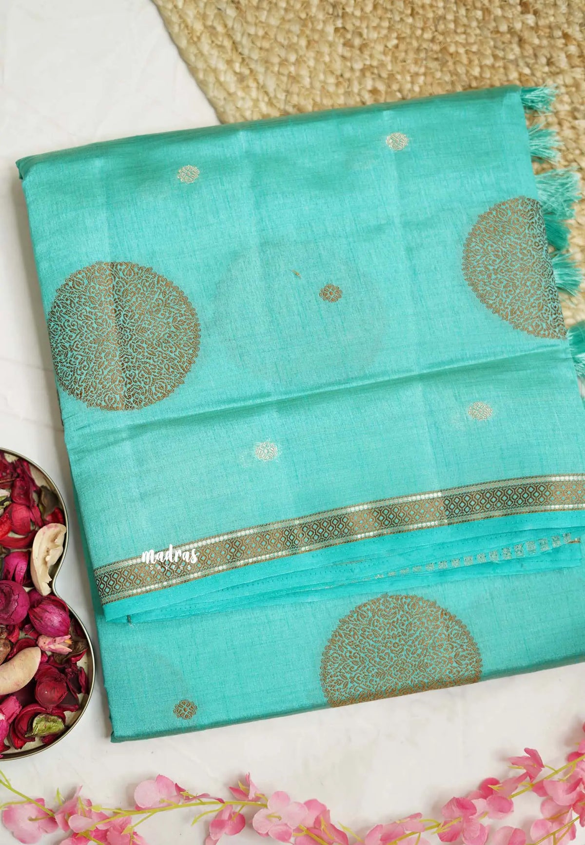 Raaga - Lightweight small border Semi tussar saree with pastel shades - Pastel Teal blue